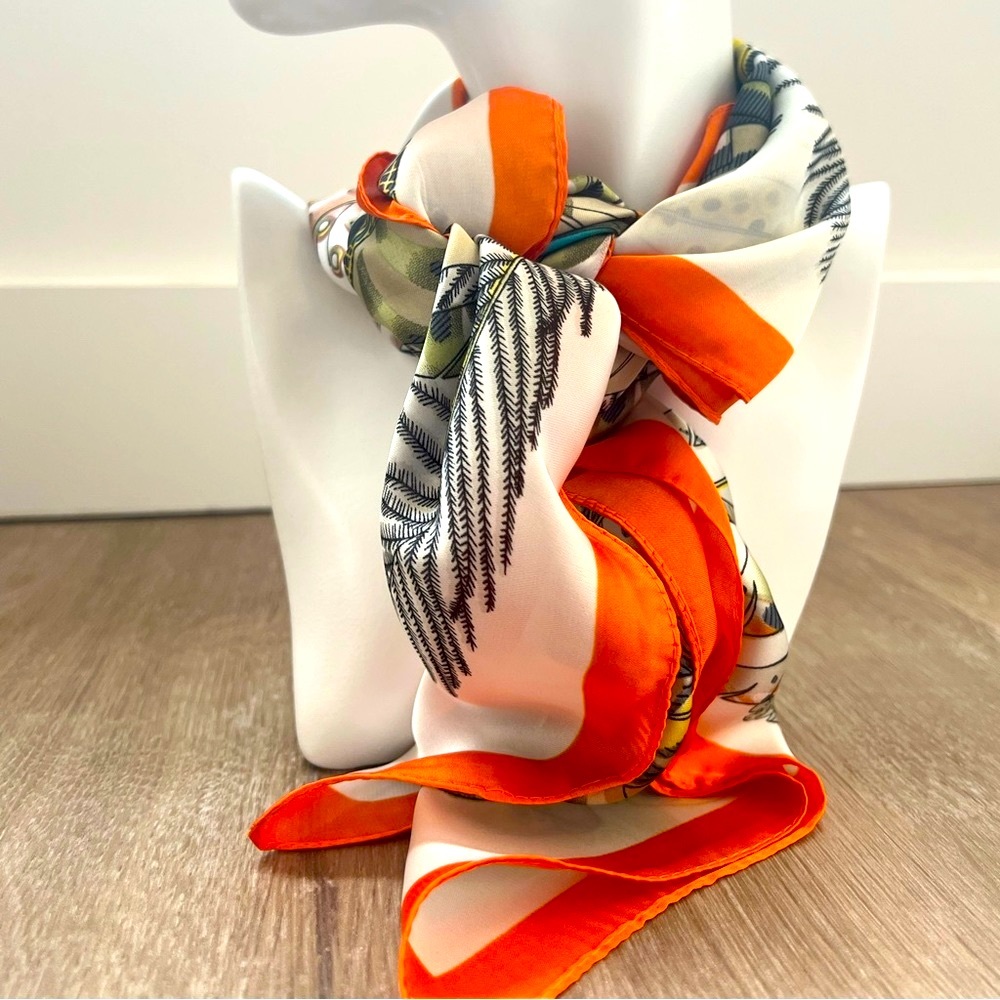 Retro vintage orange white Feather silk scarf wrap